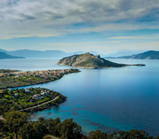 Sunset in Perdika viewing Moni island Αίγινα, Μαραθώνας, Πέρδικα, Μονή, drone, εναέρια λήψη, τοπίο, Aegina, Marathonas, Perdika, Moni, drone, aerial view, landscape